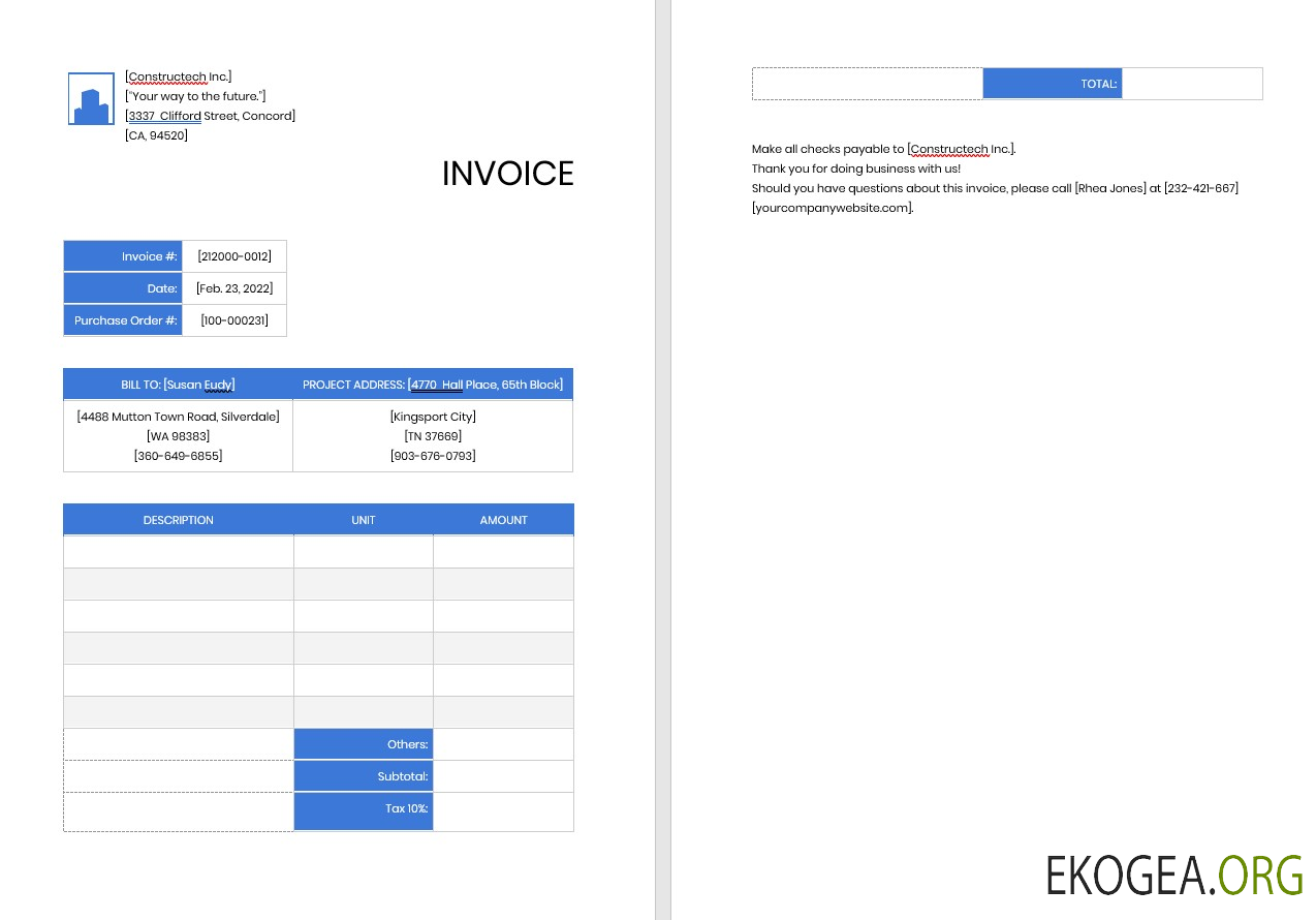 Modèle de facture d'entrepreneur professionnel